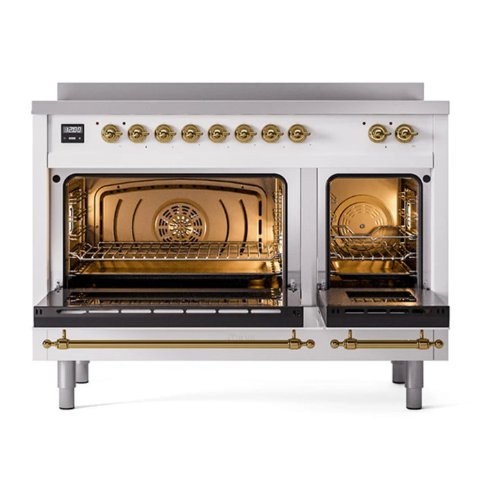 ILVE Nostalgie II 48" Induction Freestanding Range in White with Brass Trim, UPI486NMPWHG